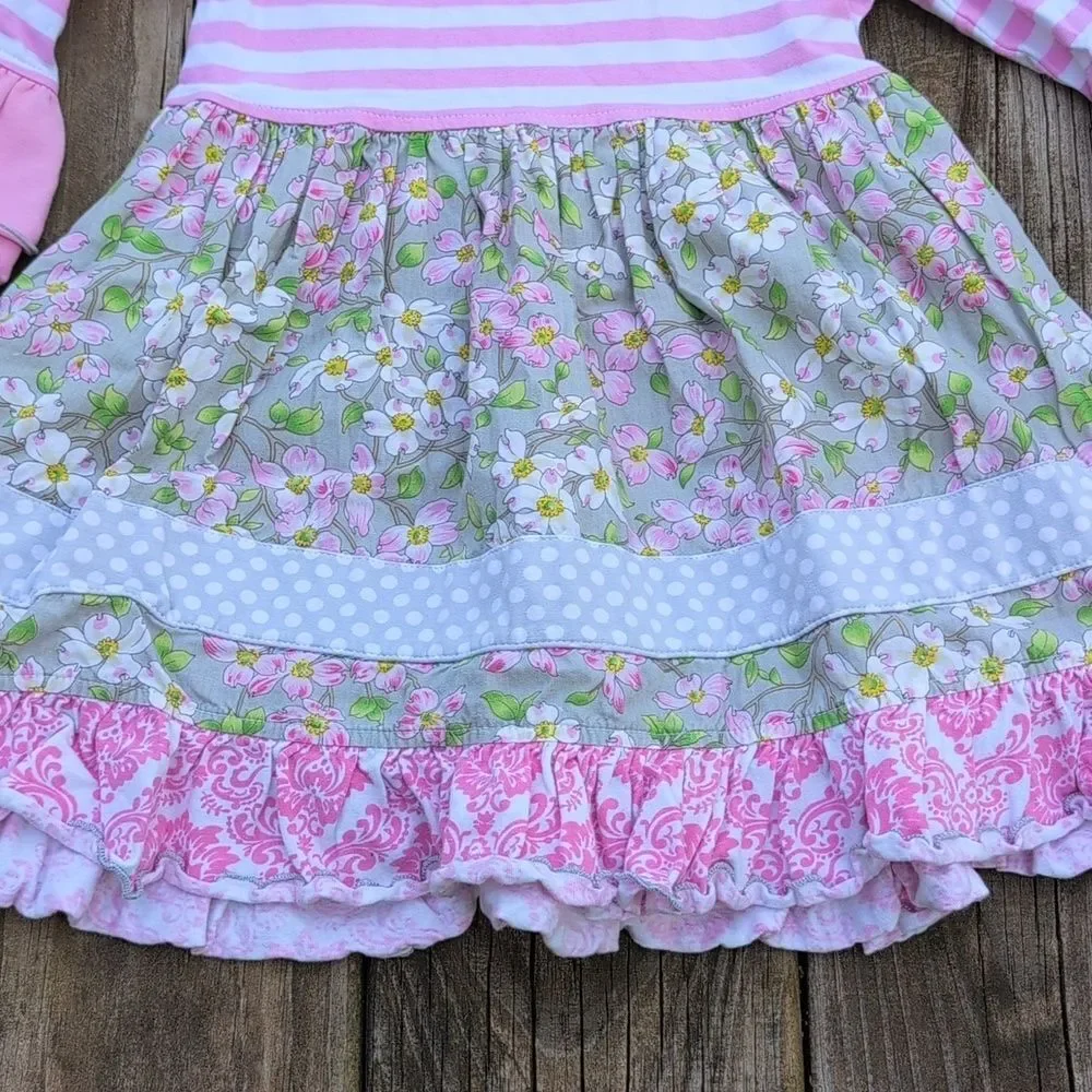 Three Sisters 18 Months Bell Sleeve Ruffle Skirt Dress Floral Pink White Stripes